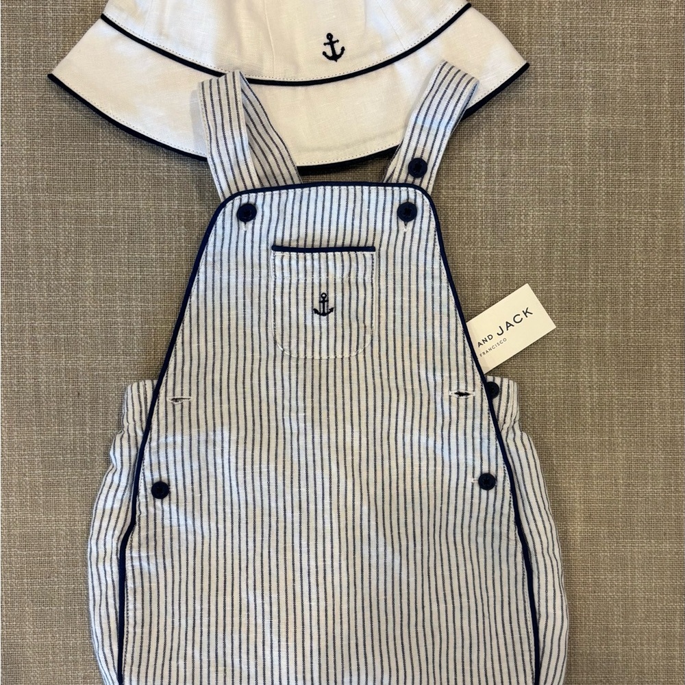 Striped Overalls and Hat Set with Anchor Detail